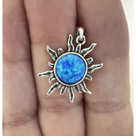 Sterling Silver Sun Pendant w/ Oxidized Finish and Blue Fire Opal 21mm Sunburst - Picture 2 of 6